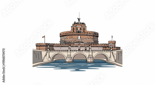 Monumental cylindrical structure with bridge over water, fortress