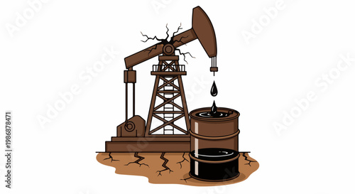 Oil pump jack extracts crude oil into barrels on dry ground