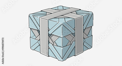 Isometric blue cube gift box with silver ribbon accents