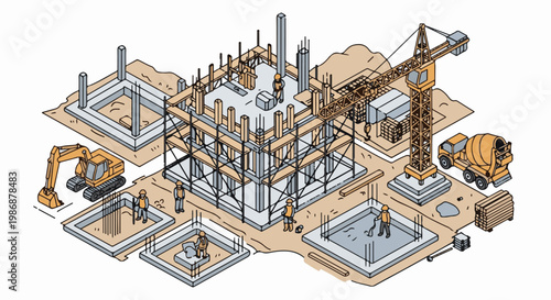 Isometric illustration of a construction site with heavy machinery and workers