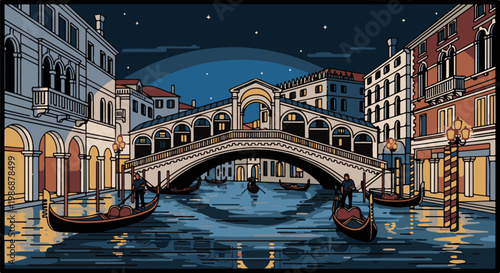 Night scene of Venetian canal with gondolas and ornate bridge