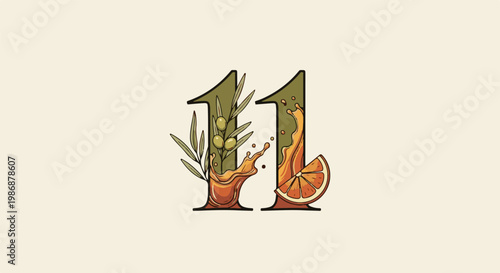 Number 11 graphic with olives, orange slice, and splashing juice