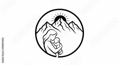 Mother holding baby in front of mountains and sun within a circle