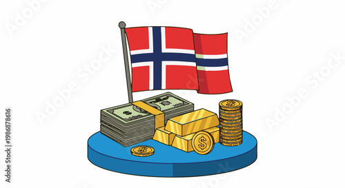 Norwegian flag with stacks of money, gold bars, and coins on platform