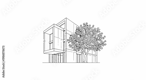 Modern building facade with lush blooming tree, black and white sketch