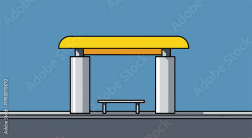 Modern bus stop shelter with yellow roof, grey pillars, and bench