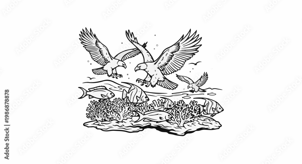 Fototapeta premium Majestic eagles soar above a vibrant coral reef teeming with fish