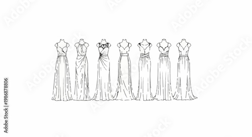 Line drawings of seven different formal gowns on mannequins