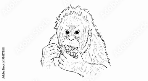 Line drawing of a young orangutan with shaggy fur, eating a bunch of grapes