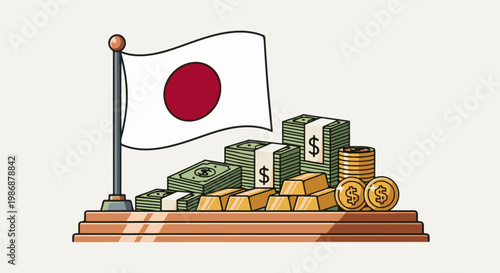 Japanese flag flies over stacks of money, gold bars, and coins