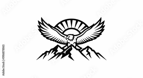 Majestic eagle soars above rugged mountains with sunburst behind it