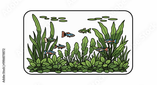 Lively aquarium teeming with colorful small fish and lush green aquatic plants