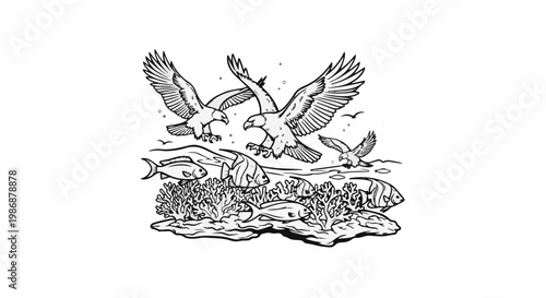 Majestic eagles soar above a vibrant coral reef teeming with fish