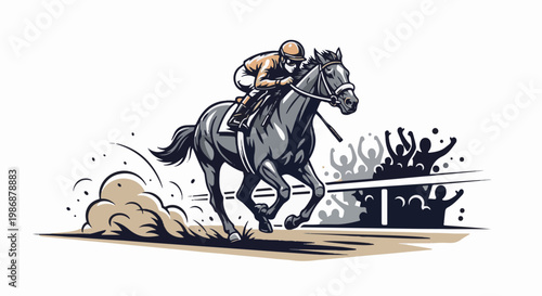 Jockey and horse race, dust kicked up, cheering crowd watches