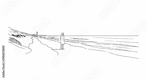 Lone figure gazes at tranquil ocean waves approaching a distant lighthouse