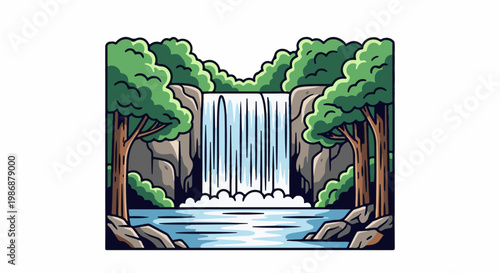 Lush forest frames a cascading waterfall into a serene blue pool below