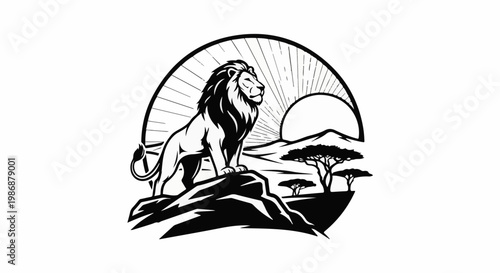 Majestic lion stands proudly on a rocky outcrop at sunrise in savanna