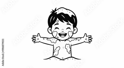 Joyful child with sand-covered skin and outstretched arms, beaming