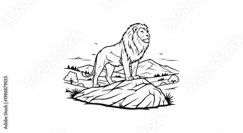 Majestic lion stands proudly atop a rocky outcrop in a scenic wilderness landscape
