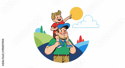 Joyful father carries son on shoulders in scenic outdoor setting