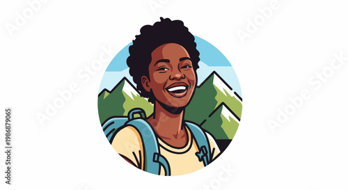 Joyful hiker with backpack smiles against a mountain backdrop