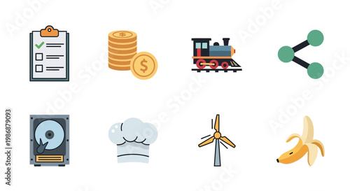 Collection of diverse colorful flat vector icons on a white background