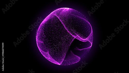 Purple Glowing Energy Orb. Particles 3D Sphere with Fluid Patterns. Vector Illustration. Abstract Technology Concept, Artificial Intelligence AI, Engineering, Big Data Concept.
