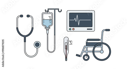 Collection of medical equipment icons in flat line style