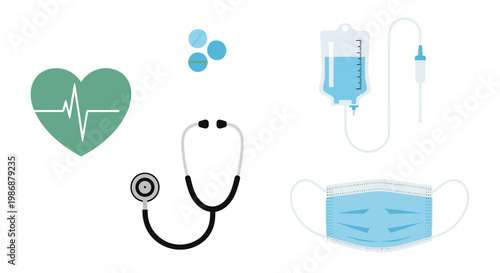 Medical equipment icon set featuring stethoscope, mask, and IV drip