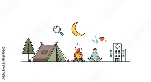 Flat line illustration of wellness, outdoor camping, and holistic healthcare icons