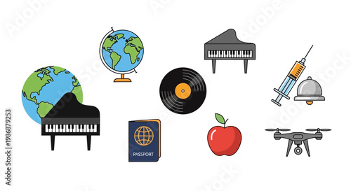 Collection of flat design icons including globe, piano, passport, record, apple, and drone.