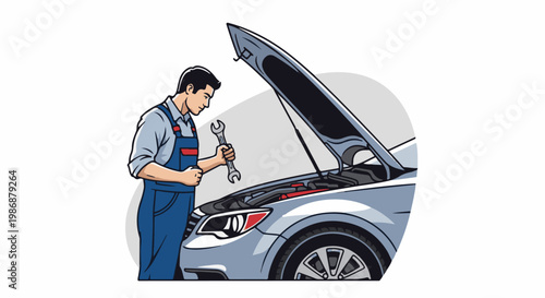 Male mechanic in blue overalls works on a car with its hood open