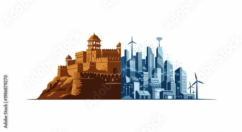 Juxtaposition of ancient fort and futuristic cityscape with renewable energy sources