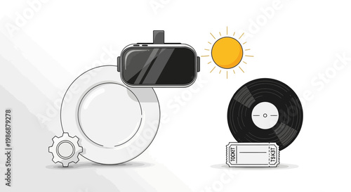 Virtual reality headset, record, ticket and sun icon