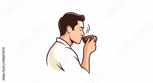 Man enjoying a warm beverage from a brown mug, steam rising