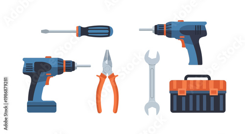 Collection of tools including drills, screwdriver, pliers, wrench and toolbox.