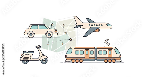 Travel transportation modes and map navigation concept illustration.