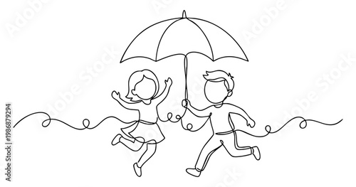 Continuous line art of children holding an umbrella while jumping, childhood joy. vector illustration