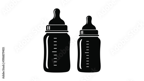 Two baby bottles depicted in a stark black silhouette
