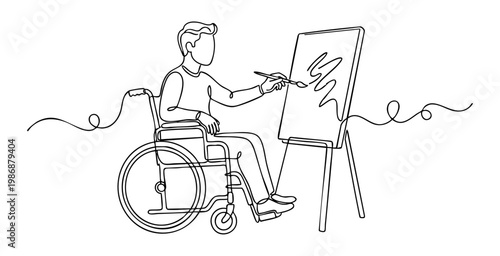 Continuous line drawing of a male artist in wheelchair painting on canvas with brush, concept of inclusive art and accessibility. vector illustration