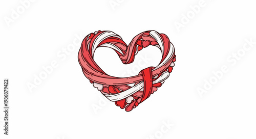 Intricate heart shape formed by intertwined red and white ribbons and small hearts