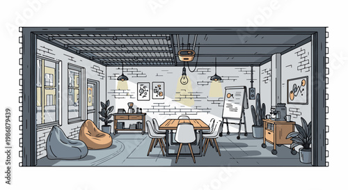 Minimalist meeting space with wooden table, chairs, bean bags, and coffee station