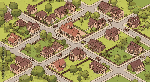 Isometric view of a suburban neighborhood with houses, trees, and roads