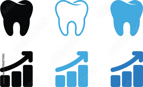 Dental business growth icon set featuring teeth silhouettes and rising financial bar charts with arrows for dentistry marketing clinic success and professional medical statistics.