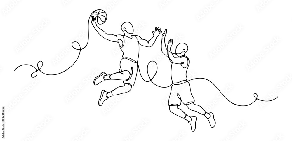 Obraz premium Continuous line drawing of two male basketball players jumping with action during a game. vector illustration