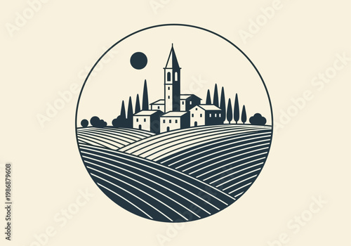 Minimalist Italian Countryside Village Logo, Circular Mediterranean Landscape Illustration with Vineyards and Cypress Trees