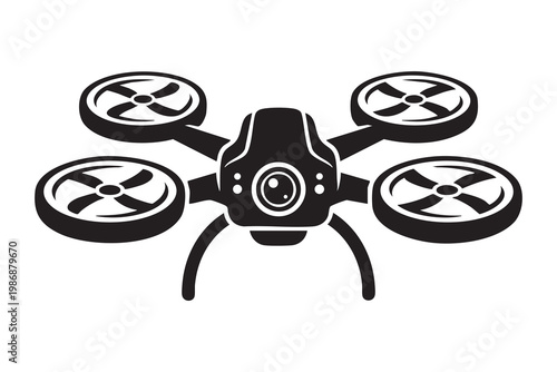 Modern quadcopter drone silhouette vector illustration with camera, and propellers, in minimal black design, for technology, and aerial photography concept.