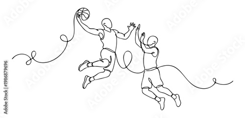 Continuous line drawing of two male basketball players jumping with action during a game. vector illustration