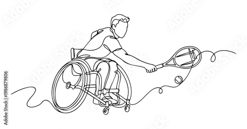 Male athlete playing wheelchair tennis, concept of inclusive sports and para-athletics in One line art style. vector illustration