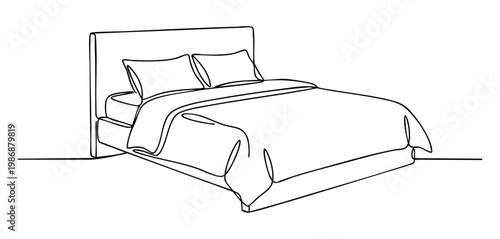 Minimalist line art illustration of a modern bedroom with large bed and pillows. vector